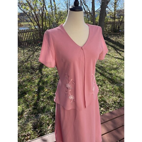 Leslie Belle Pink Size 10P Short Sleeve Two-Piece Maxi Dress With Floral Embroid - Picture 3 of 15